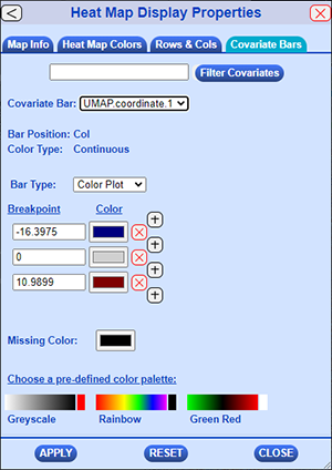 Display Properties Dialog with Covariate Bars Tab selected and Covariate Bar set to a continuous color bar covariate bar.