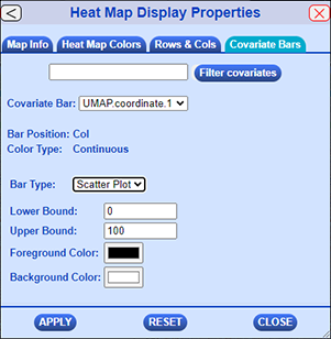 Display Properties Dialog with Covariate Bars Tab selected and Covariate Bar set to a continuous scatterplot covariate bar.