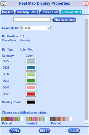 Display Properties Dialog with Covariate Bars Tab selected and Covariate Bar set to a discrete covariate bar.