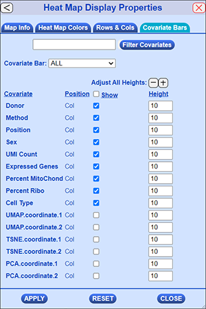 Display Properties Dialog with Covariate Bars Tab selected and Covariate Bar set to ALL.